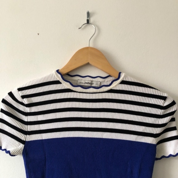Zara Blue and White Ribbed Short Sleeve Sweater - Picture 3 of 3